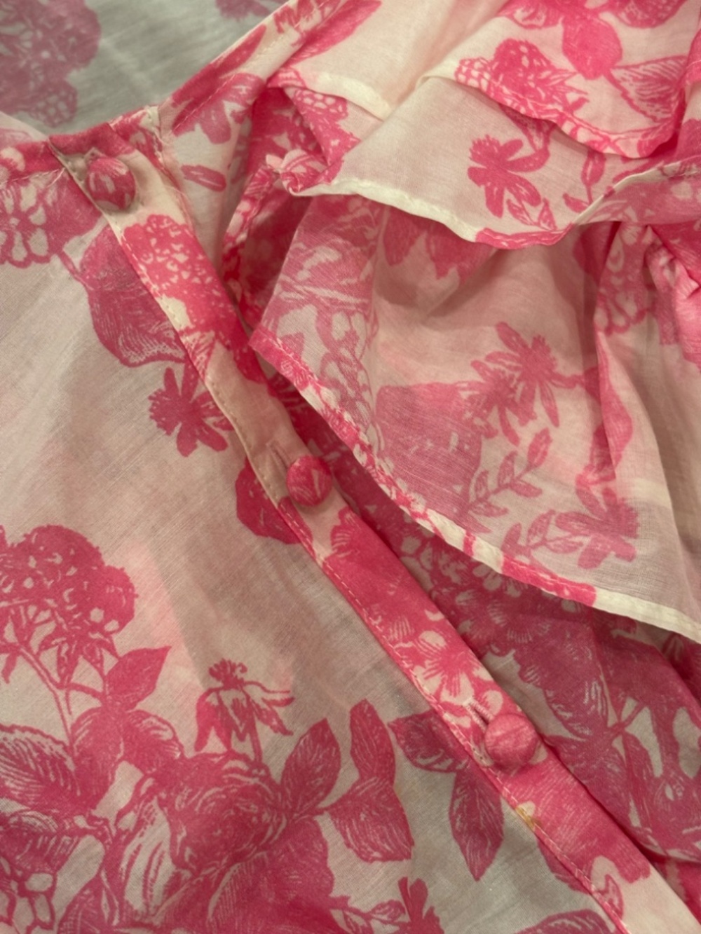 LoveShackFancy Molly Pink Floral Cropped Puff Sleeve Ruffle Silk Blouse XS - Picture 2 of 5